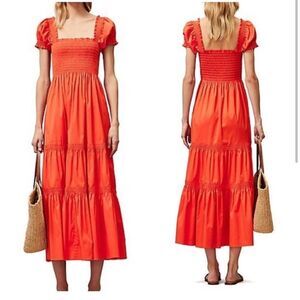 Tory Burch Red Smocked Maxi Dress with Puff Sleeves